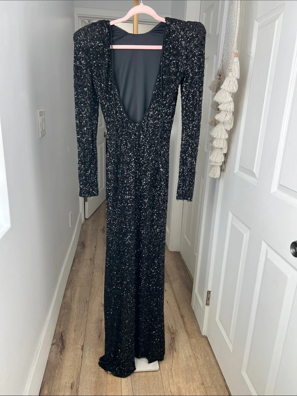 Zara Sequin Long Sleeve Elegant Shoulder Pad Black Long Dress Gown XS - Picture 7 of 11